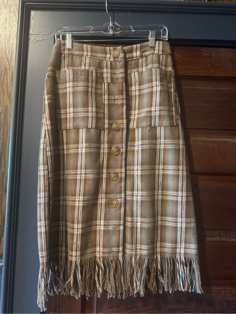 Kori Brown Plaid Button-Front Fringe Midi Skirt